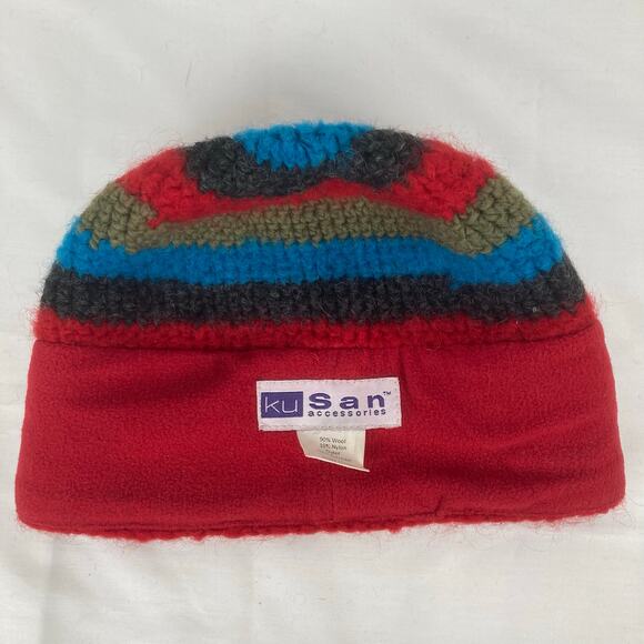 KuSan Wool Blnd Crochet Beanie Red Blue Striped Flower Accent Fleece Lined Nepal - Picture 6 of 8